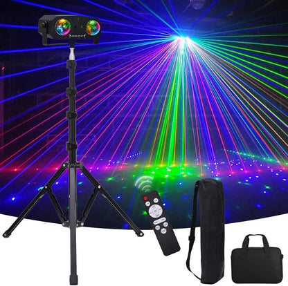 Black 5-in-1 disco lights led dj light with tripod stand emitting vibrant kaleidoscope ball red and pattern sound activated beams