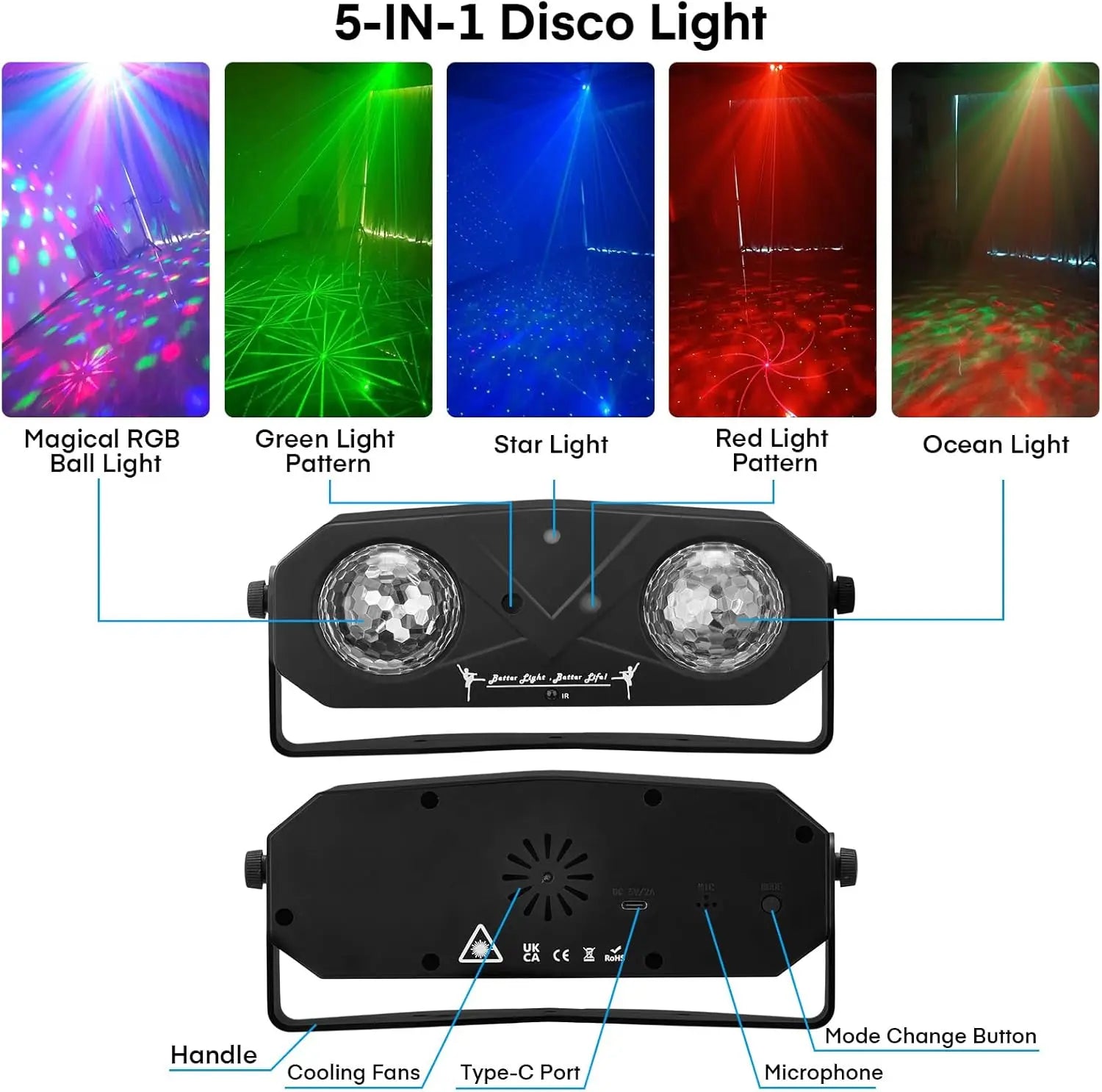 Black 5-in-1 disco lights led dj light with tripod stand featuring kaleidoscope ball red pattern sound activated modes