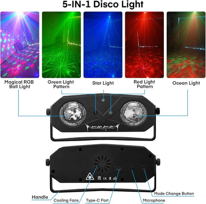 Black 5-in-1 disco lights led dj light with tripod stand featuring kaleidoscope ball red pattern sound activated modes