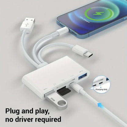 White usb otg adapter with usb-c multi-port, integrated charging and sd microsd sdxc mmc card reader for iphone and ipad