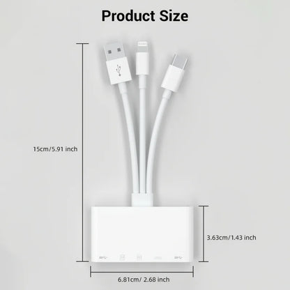 White plastic 5-in-1 usb otg adapter with three cables supports sd microsd sdxc mmc iphone ipad usb c and usb a devices