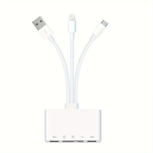White rectangular 5-in-1 usb otg adapter with usb-a lightning usb-c and supports sd microsd sdxc mmc iphone devices