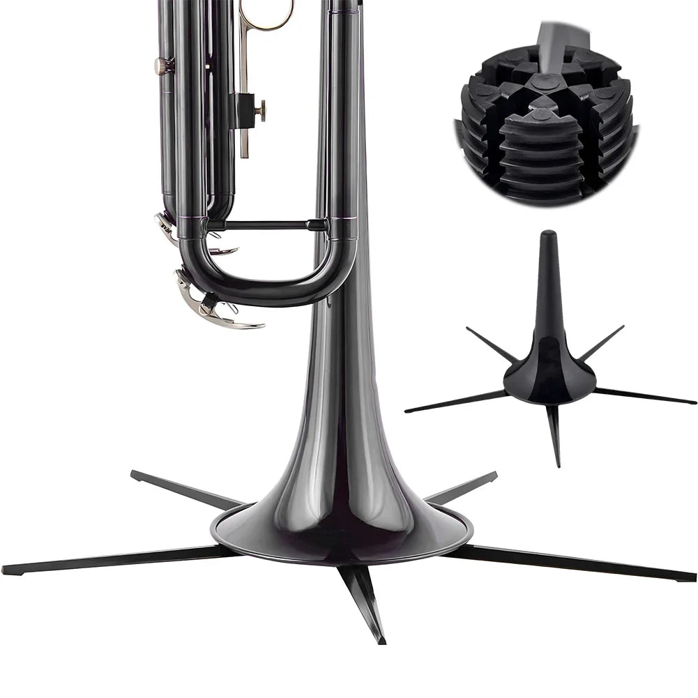 Black bracket woodwind foldable trumpet stand with sleek glossy finish and five sturdy legs for stable portable placement rack