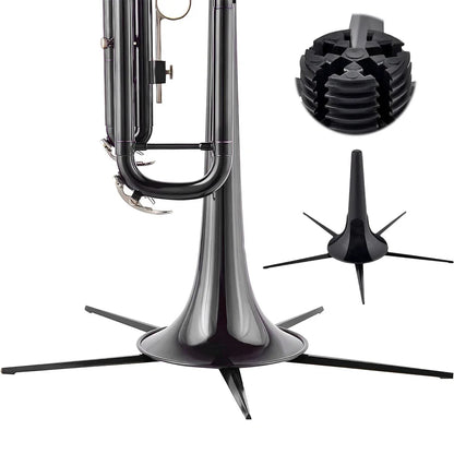 Black bracket woodwind foldable trumpet stand with sleek glossy finish and five sturdy legs for stable portable placement rack
