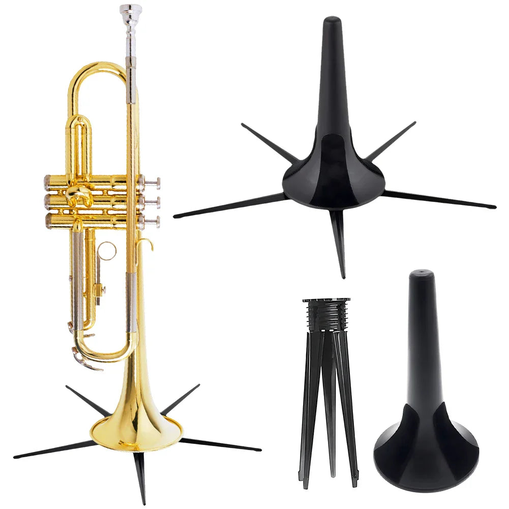 Gold-plated trumpet with silver valves on a foldable trumpet stand black bracket woodwind portable placement rack