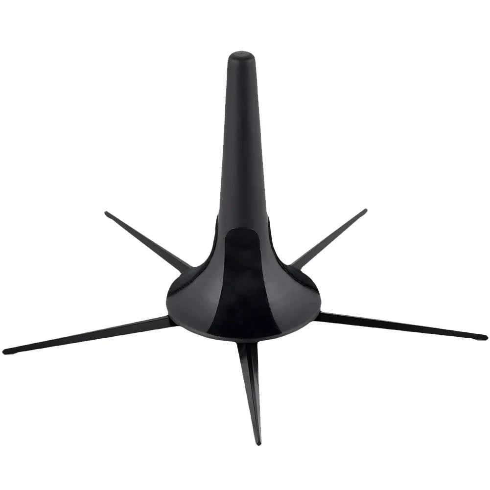 Black plastic trombone mute stand with four angled legs for stable support as foldable trumpet stand and black bracket woodwind accessory