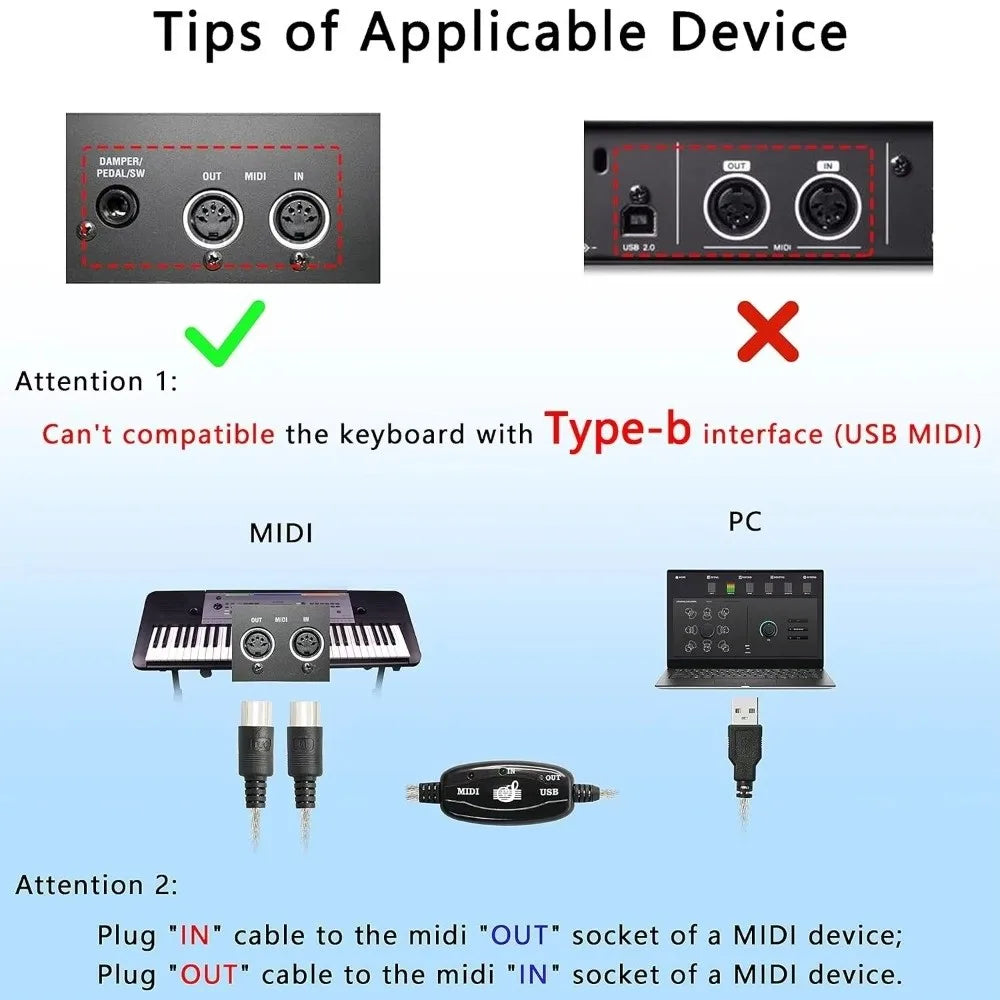 Black midi interface cable with usb 3.0 and ports for damper, out, and midi in for converter portable keyboard use
