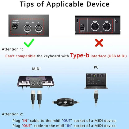 Black midi interface cable with usb 3.0 and ports for damper, out, and midi in for converter portable keyboard use