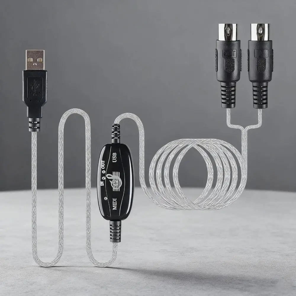 Black midi usb interface with silver braided cables and two black 1/4-inch ts connectors converter portable keyboard midi interface cable supplies midi adapter