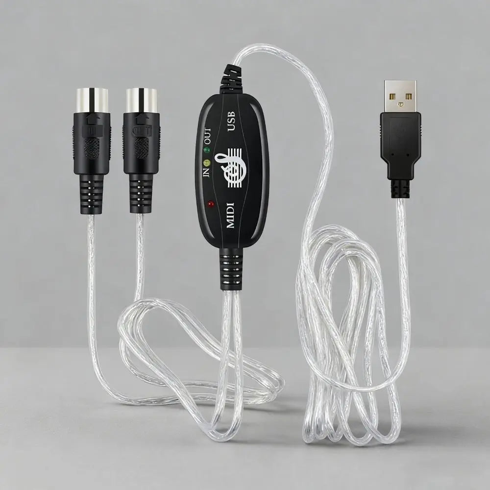Black midi interface cable with silver connectors and transparent braided cable for converter portable keyboard use