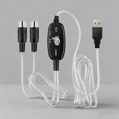 Black midi interface cable with silver connectors and transparent braided cable for converter portable keyboard use