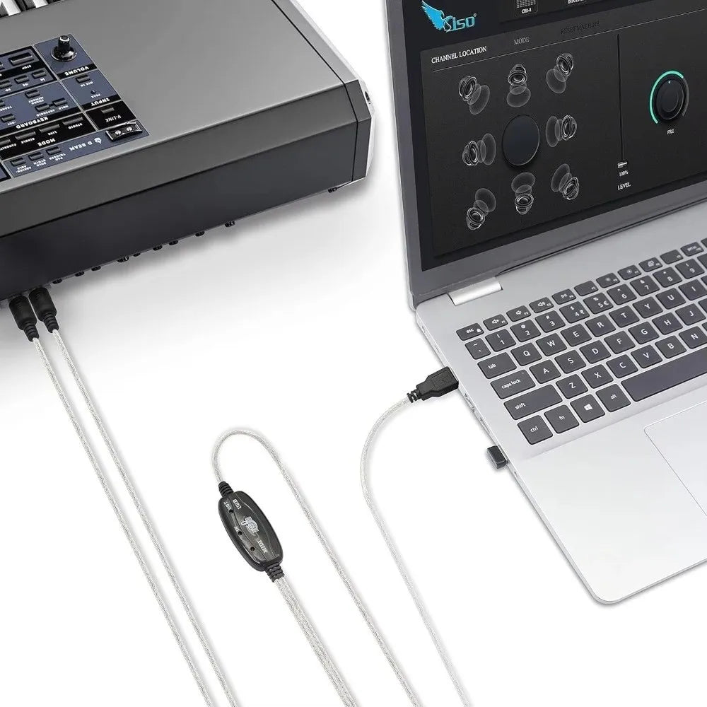 Silver usb audio interface midi adapter cable with black control module connecting synthesizer to laptop for converter portable keyboard supplies midi adapter