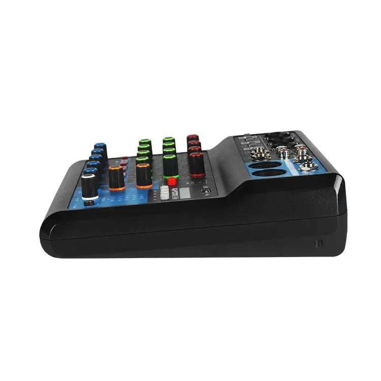 Black and blue 4-channel mixing console mixer with colorful knobs for pro audio equipment and sound card mixing