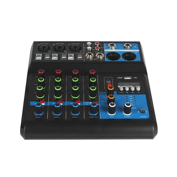 Black and blue 8-channel 5-way computer recording mixing console mixer with green red and orange knobs for pro audio equipment