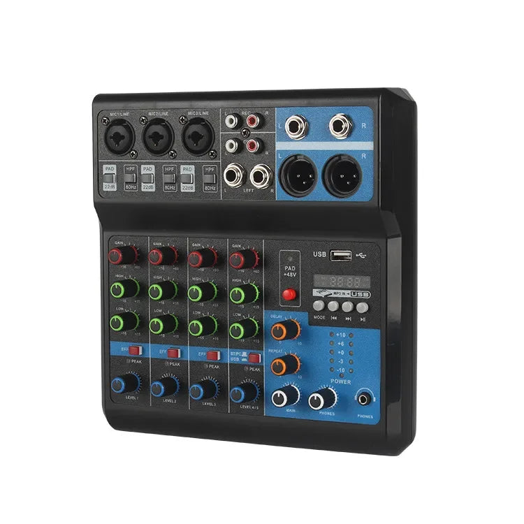 Black and blue 8-channel sound card mixing console mixer with colorful knobs and labeled input output ports for pro audio equipment