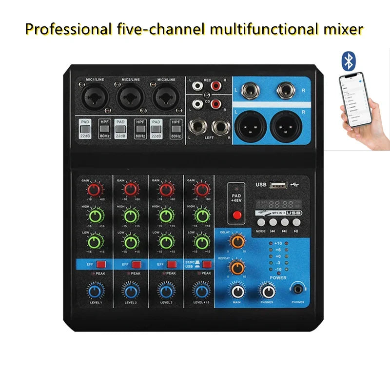 Black and blue professional five-channel sound card mixing console mixer with usb bluetooth and multiple i o ports for pro audio equipment