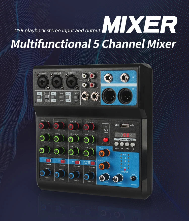 Black and blue 5-channel console mixer audio with colorful knobs usb connectivity professional pro audio equipment sound card mixing