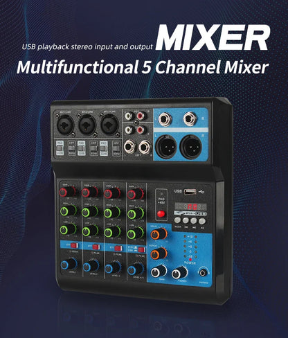 Black and blue 5-channel console mixer audio with colorful knobs usb connectivity professional pro audio equipment sound card mixing