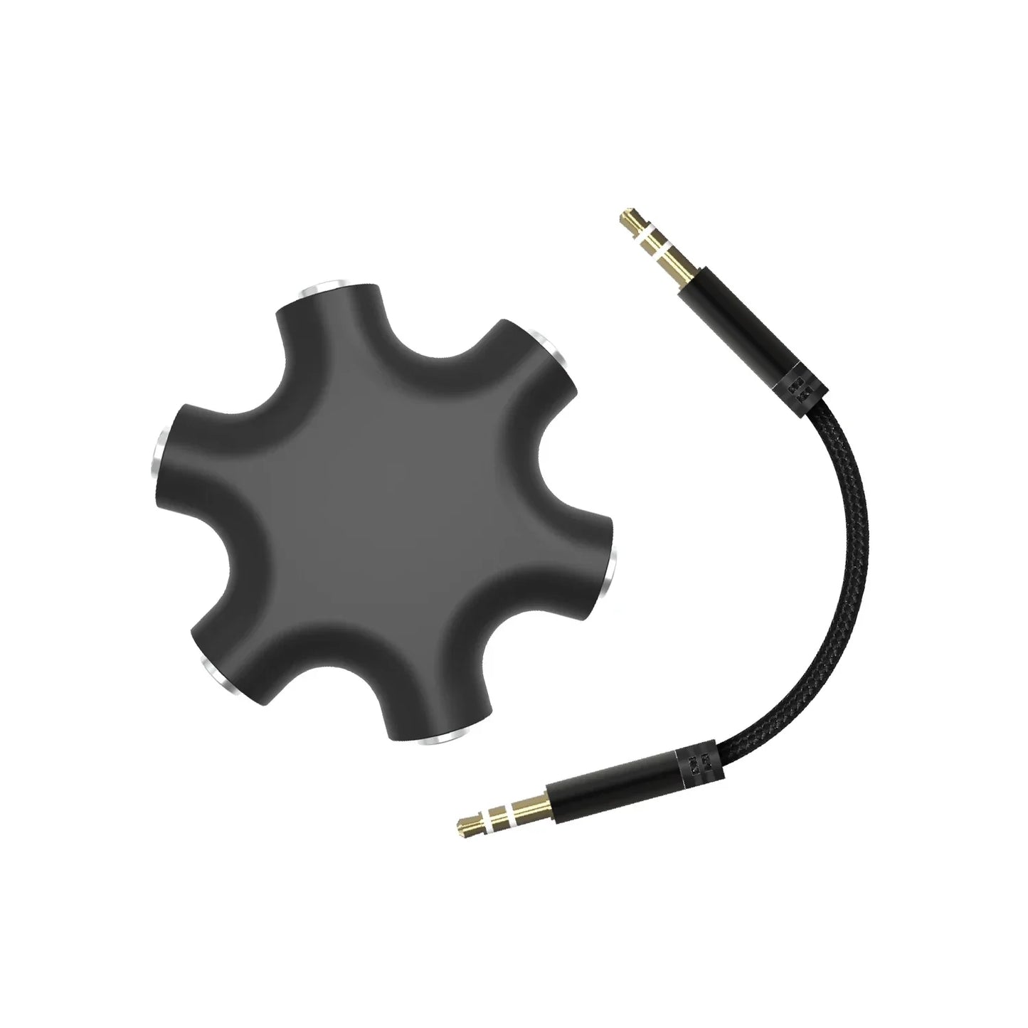 Black plastic 5-way audio splitter with braided cable and gold-plated connectors for jack aux music soun output cables