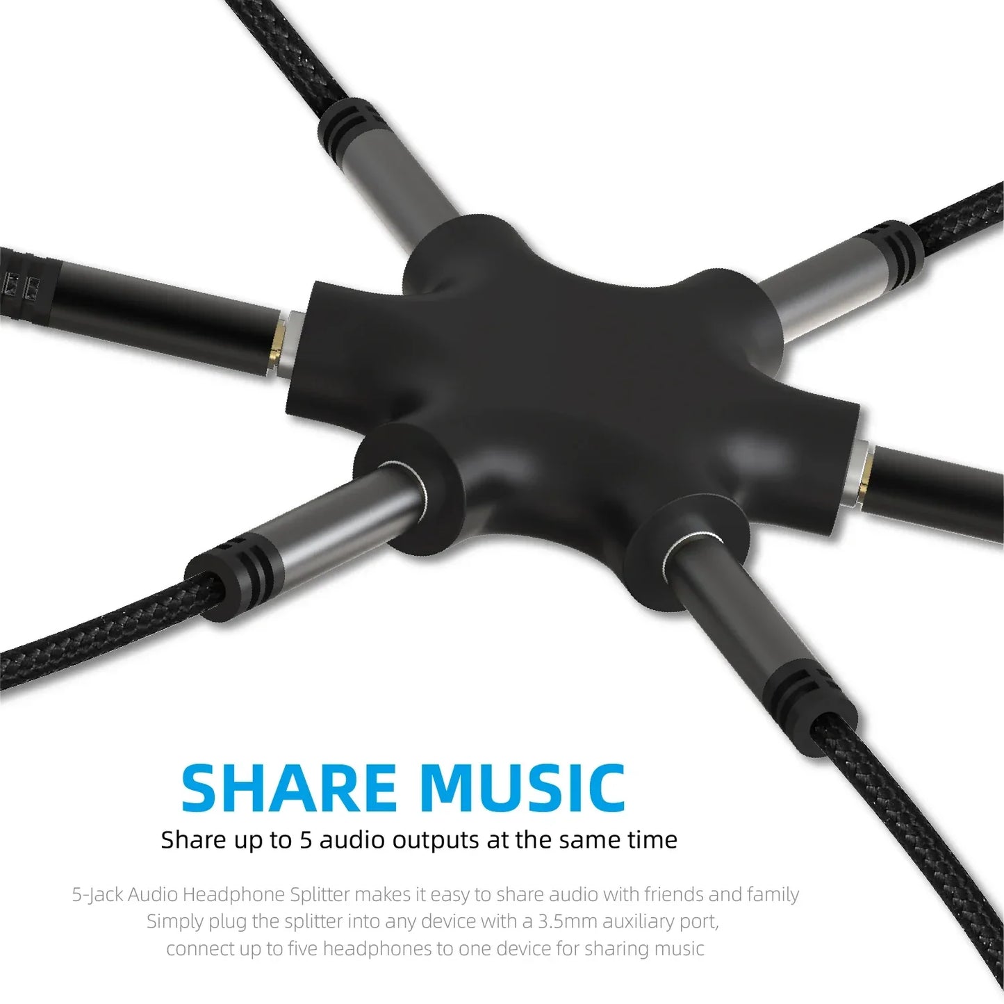 Black 3.5mm audio splitter with five braided cables and metallic connectors for jack aux music soun output cables sharing