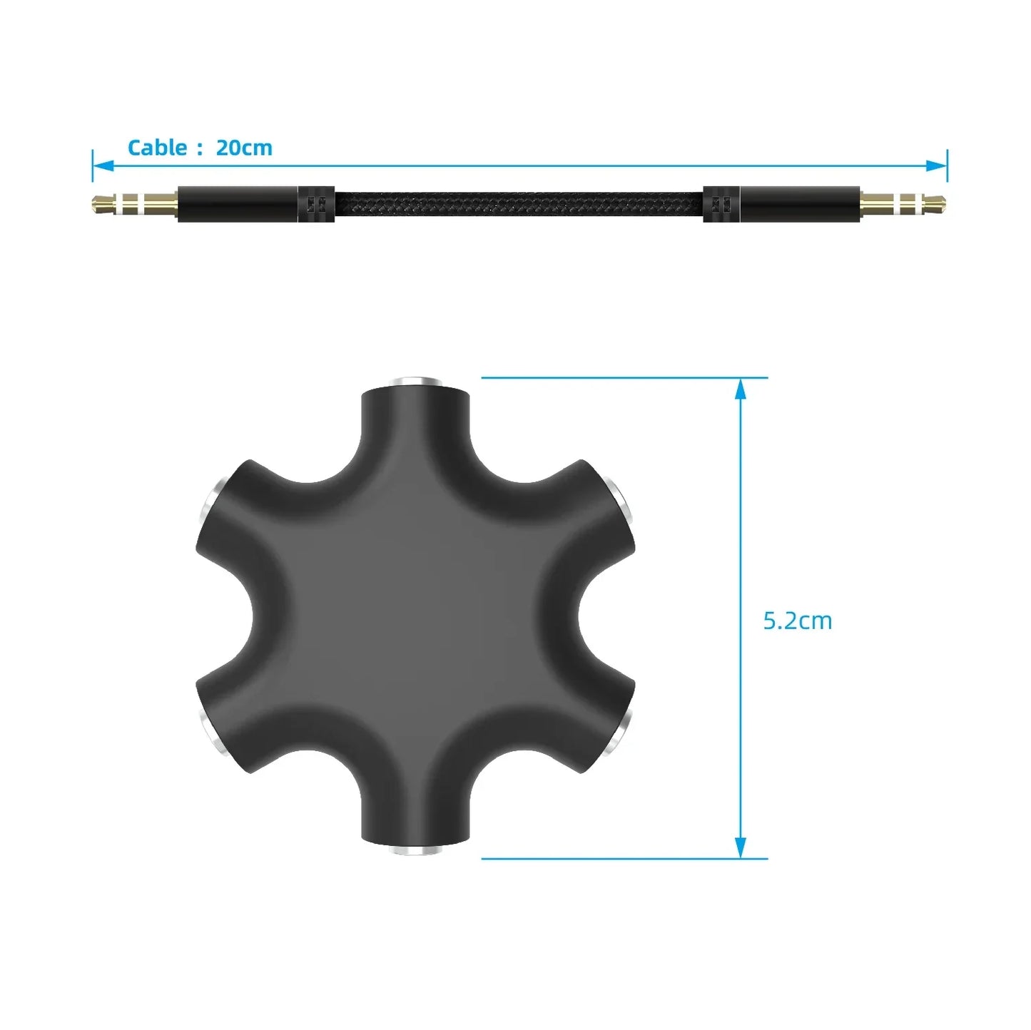 Black six-port 3.5mm audio splitter cable with braided texture and gold-plated connectors for jack aux music soun output cables