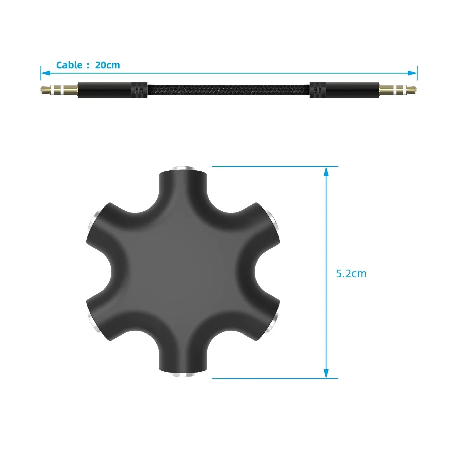 Black six-port 3.5mm audio splitter cable with braided texture and gold-plated connectors for jack aux music soun output cables