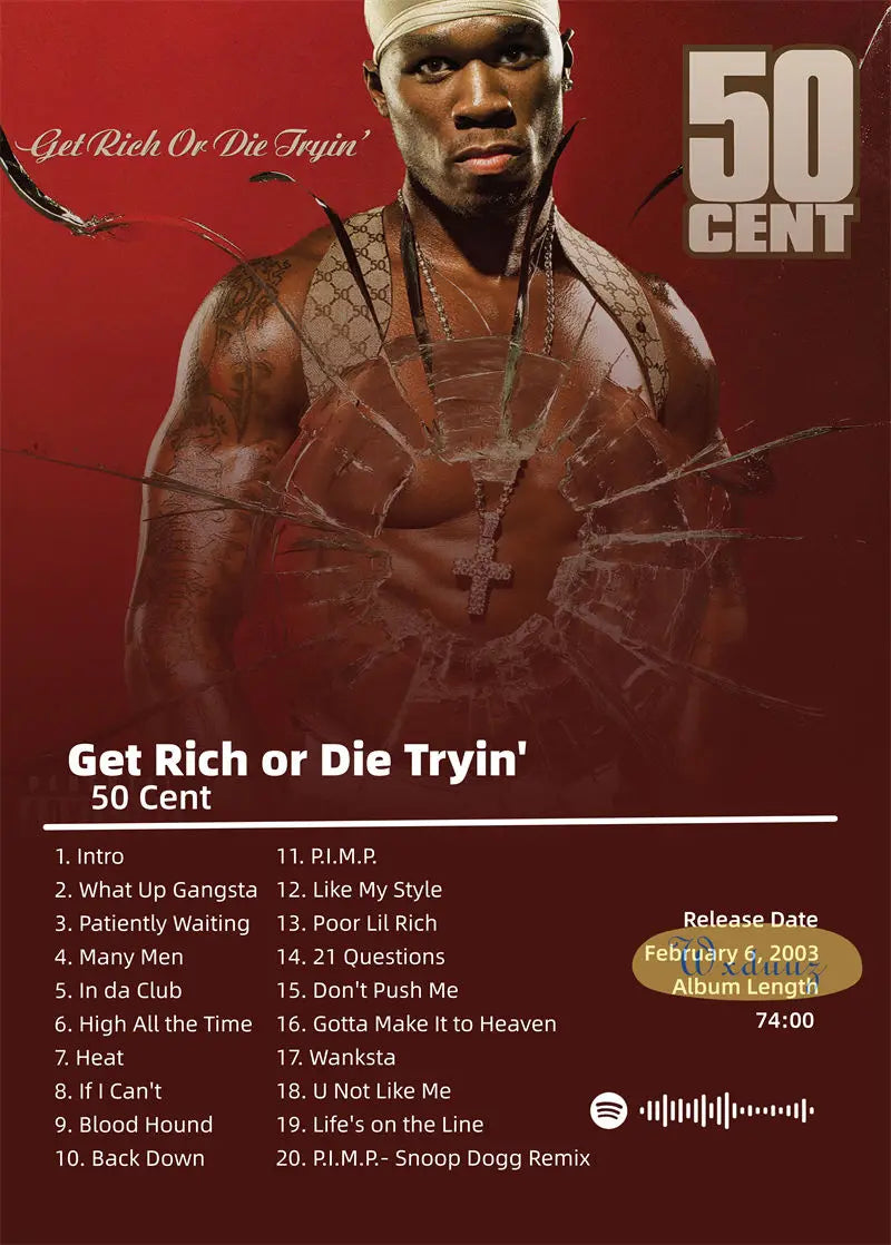 Canvas print of 50 cent american hit hip hop rapper music poster album cover with red background and gold chains