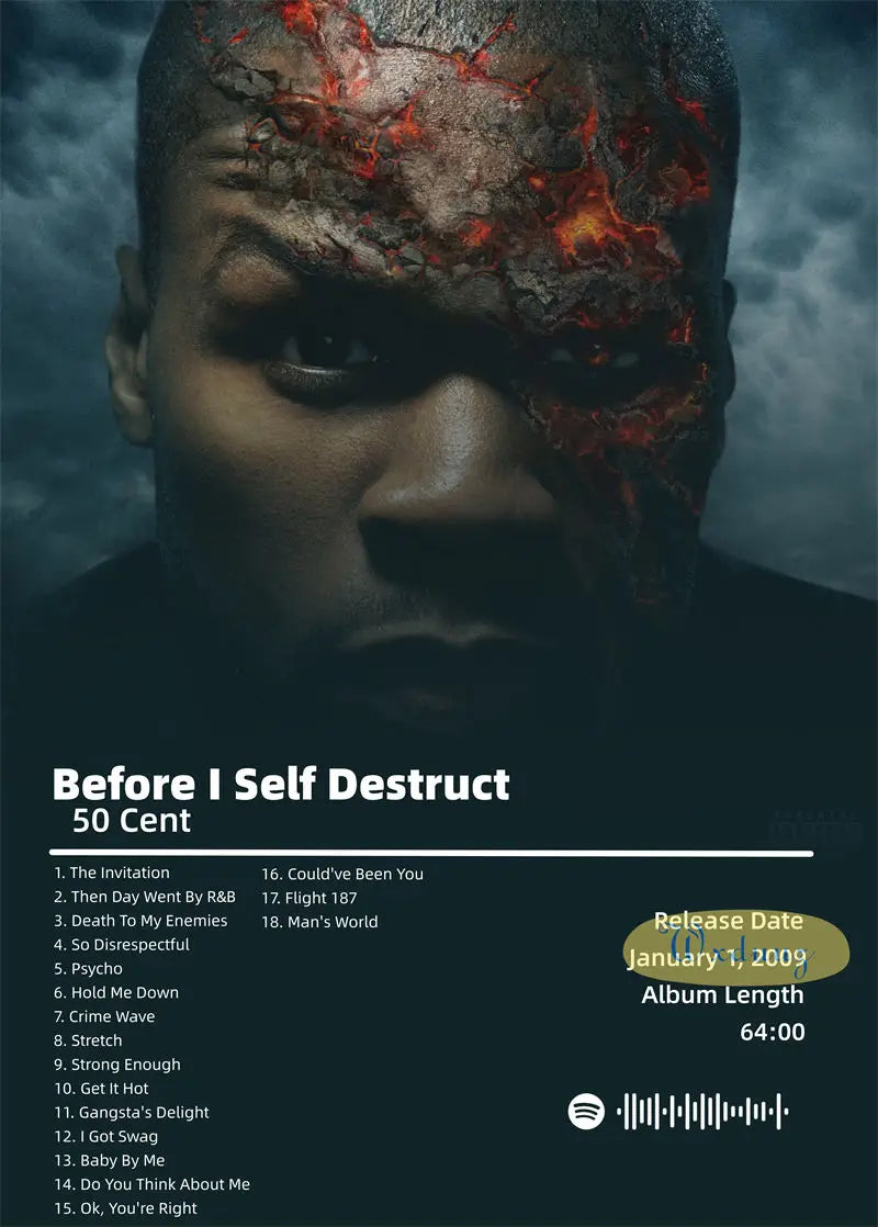 Dark-skinned man with half-face in glowing red cracked skin on 50 cent american hit hip hop rapper music poster album print