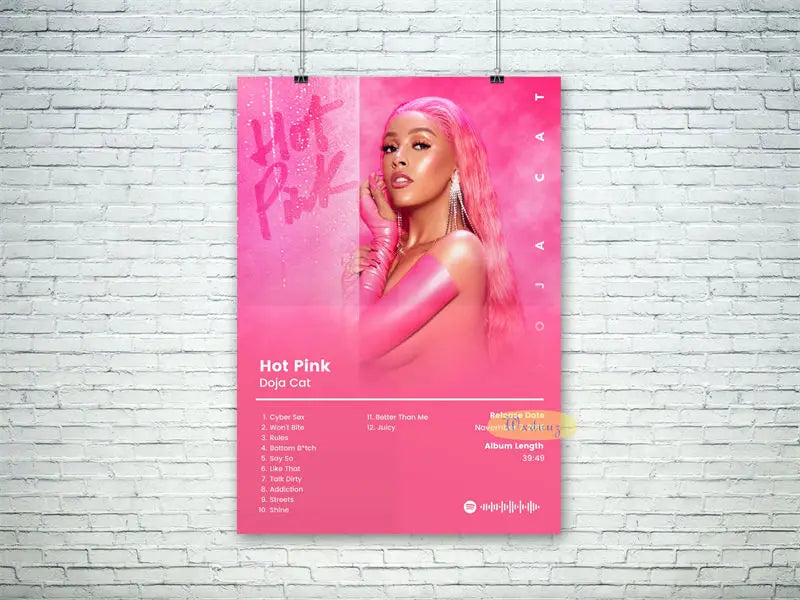 A vibrant pink 50 cent american hit hip hop rapper music poster album canvas print featuring doja cat for home decor