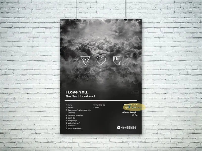 Black and white spotify album music poster album for i love you by the neighbourhood with dramatic cloudscape for hip hop rapper decor
