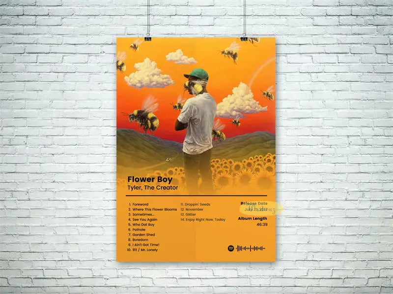 Orange album poster featuring tyler the creator with man in green cap and mask and bees for cent american hit hip hop rapper music poster album