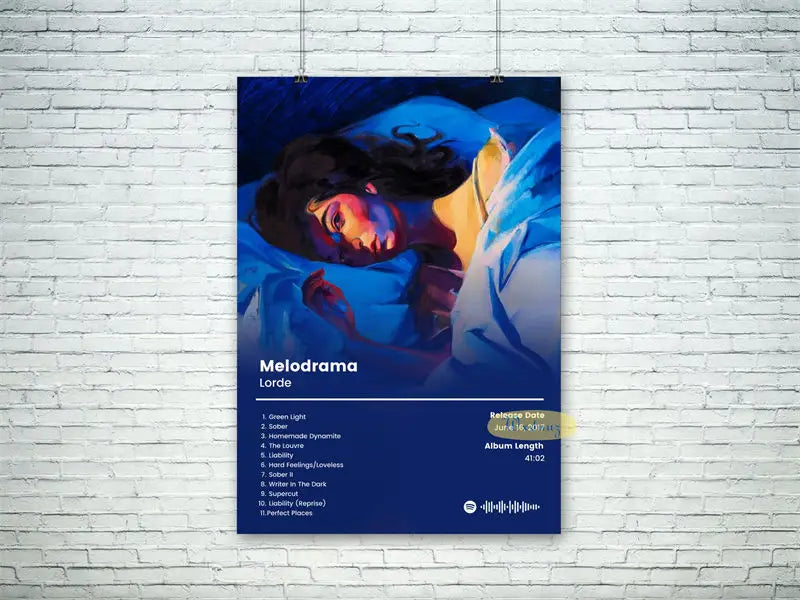 Blue poster music poster album featuring painted portrait of lorde sleeping with melodrama tracklist on dark blue background