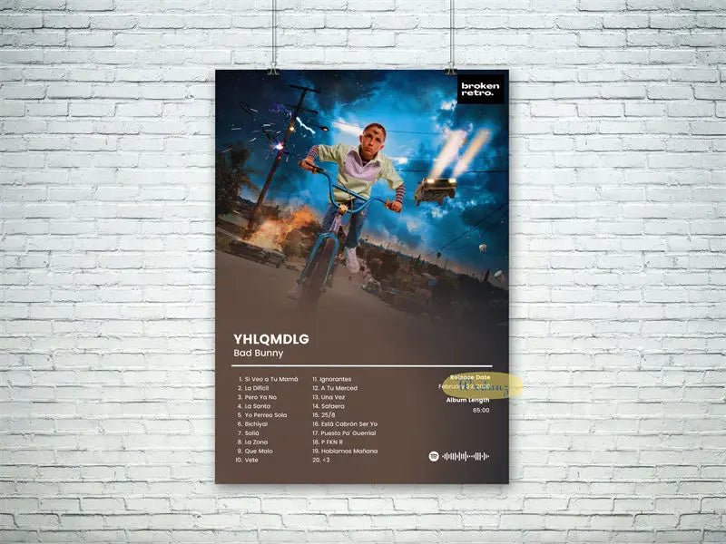 Dark brown canvas print music poster album featuring bad bunny on bicycle under stormy sky for hip hop rapper decor
