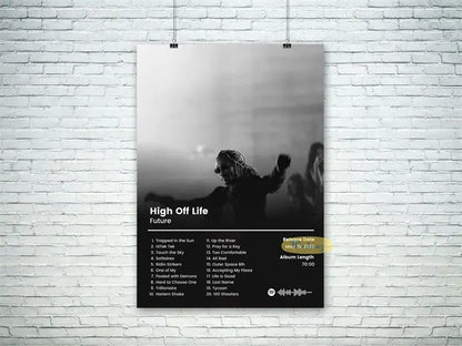 Black and white future high off life music poster album back featuring tracklist release date spotify logo for hip hop rapper decor