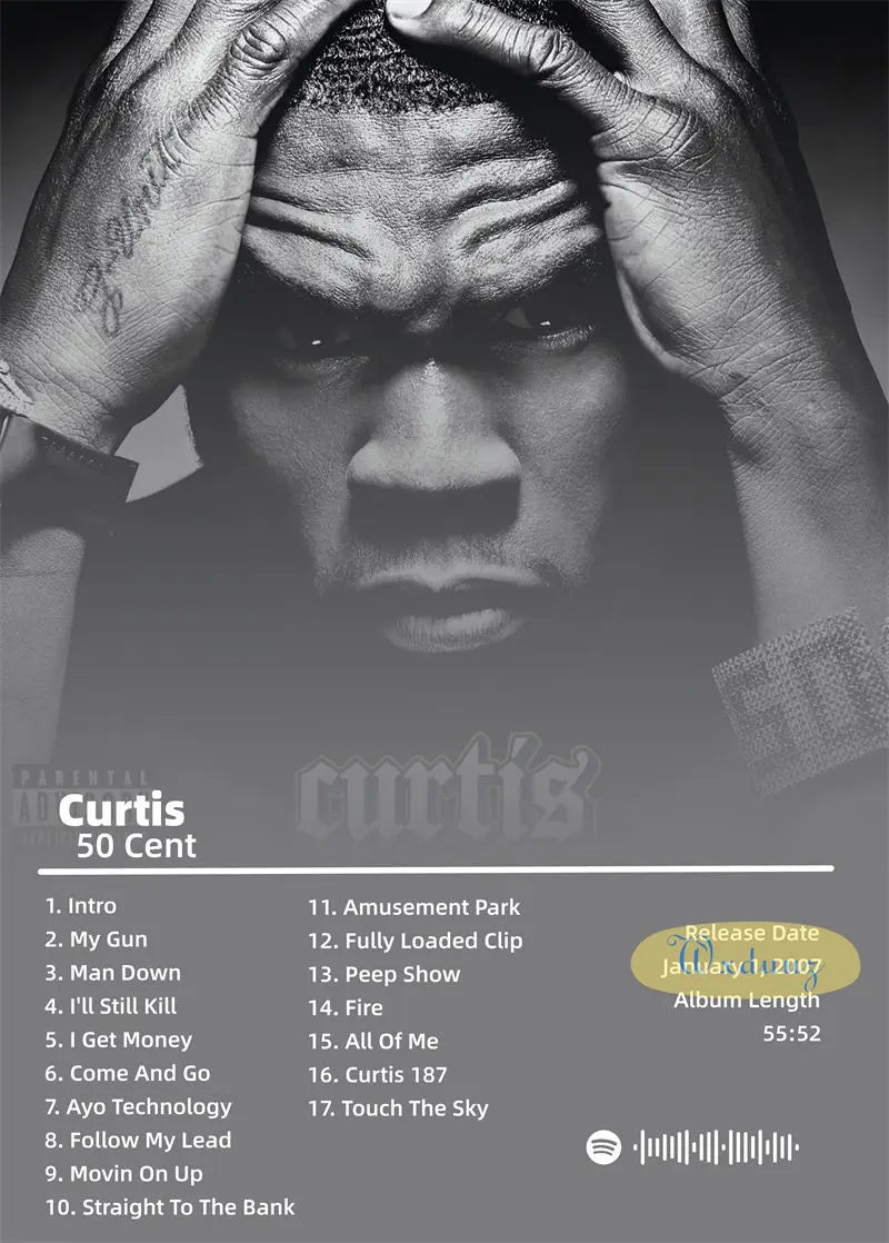 Black and white 50 cent american hit hip hop rapper music poster album cover showing curtis jackson tracklist and release details