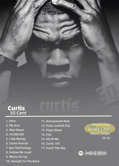 Black and white 50 cent american hit hip hop rapper music poster album cover showing curtis jackson tracklist and release details