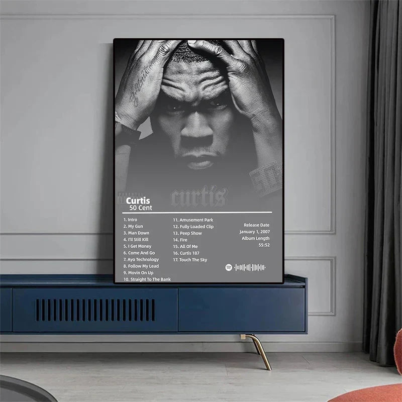 Black and white framed music poster album featuring 50 cent american hit hip hop rapper tracklist and spotify logo