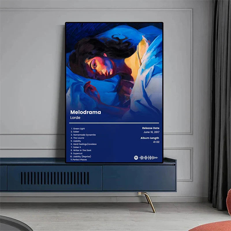 Blue rectangular canvas print featuring stylized lorde portrait music poster album with tracklist for home wall decor