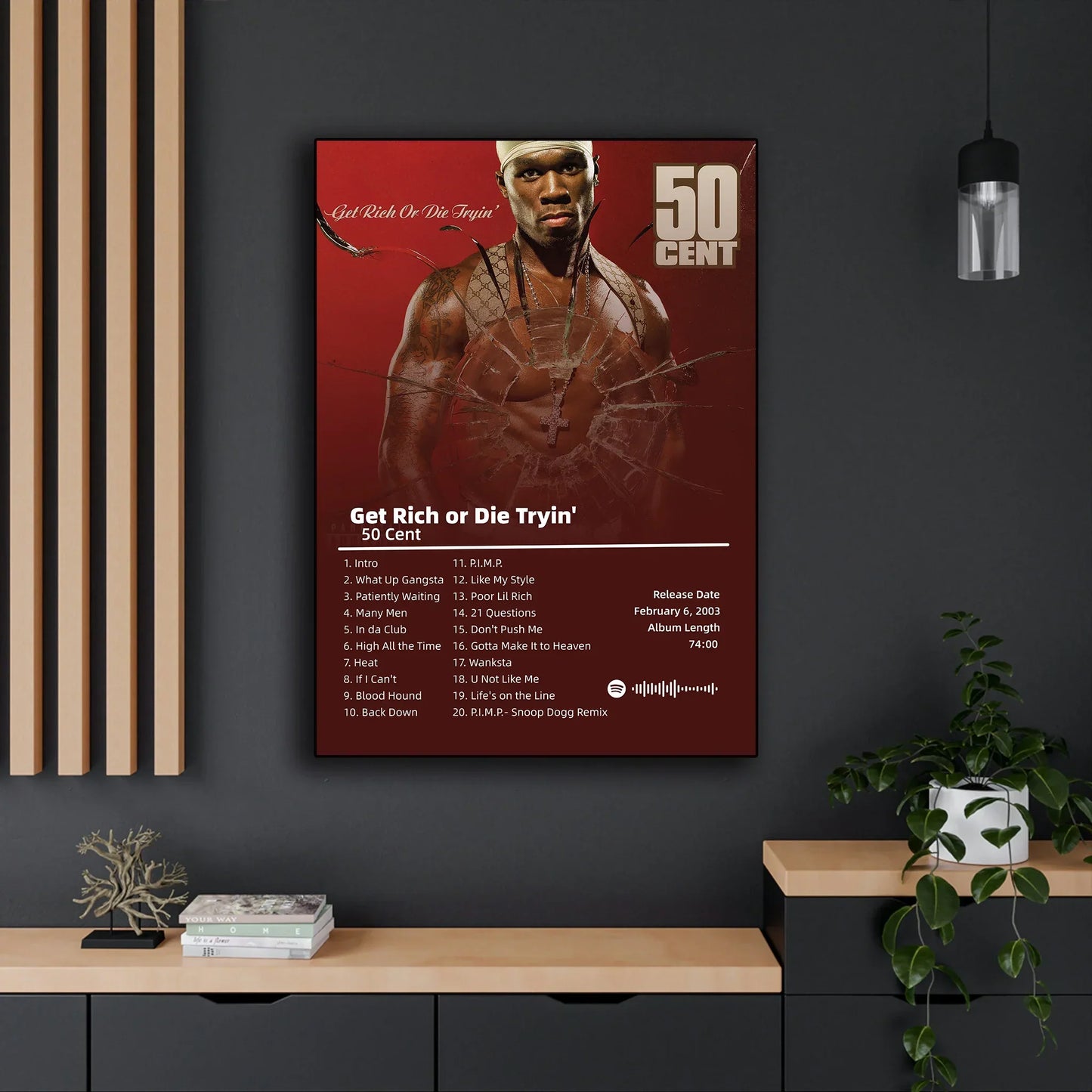 Red framed 50 cent american hit hip hop rapper music poster album with get rich or die tryin and tracklist print