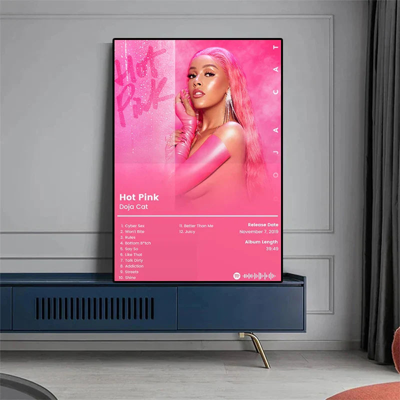 A vibrant pink music poster album featuring doja cat in glossy outfit with name and tracklist for hip hop rapper decor