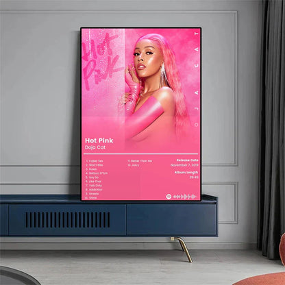 A vibrant pink music poster album featuring doja cat in glossy outfit with name and tracklist for hip hop rapper decor