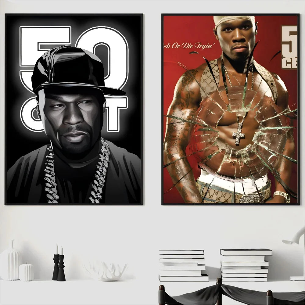 Black and white and red paper print home poster featuring 50 cent american hit pop hip hop rapper music artwork