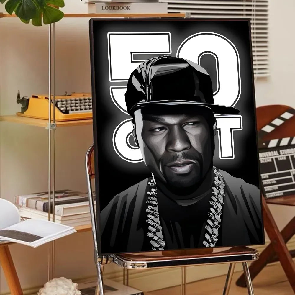 Black and white paper print home portrait canvas of 50 cent american hit hip hop rapper music on easel display