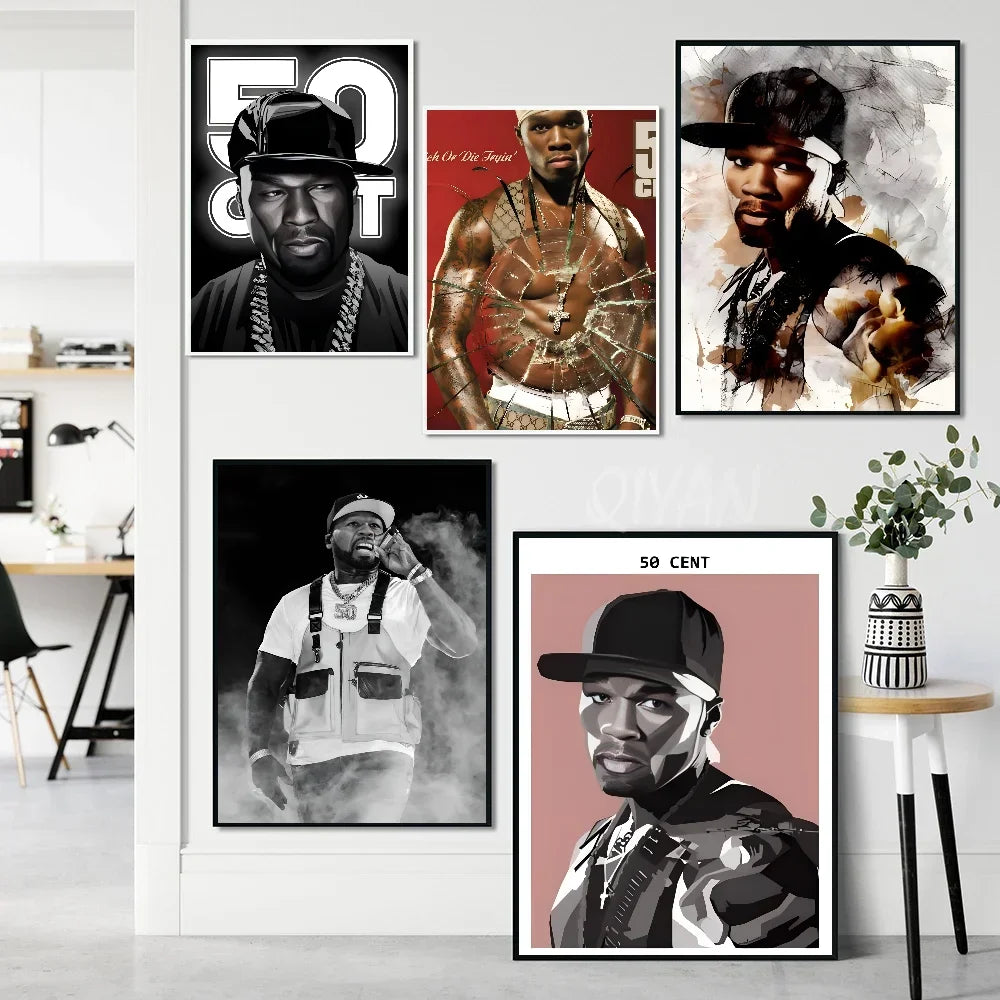 Set of five framed 50 Cent American hit pop hip hop rapper music posters in black white and vibrant color paper print home decor