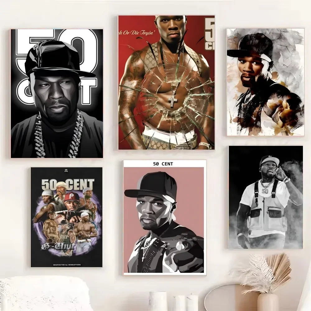 Set of five 50 cent american hit pop hip hop rapper music posters with stylized portraits on paper print home decor