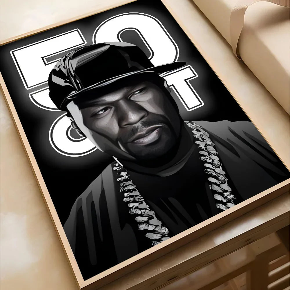 Black and white paper print home featuring stylized 50 Cent American hit hop rapper music poster for living room decor