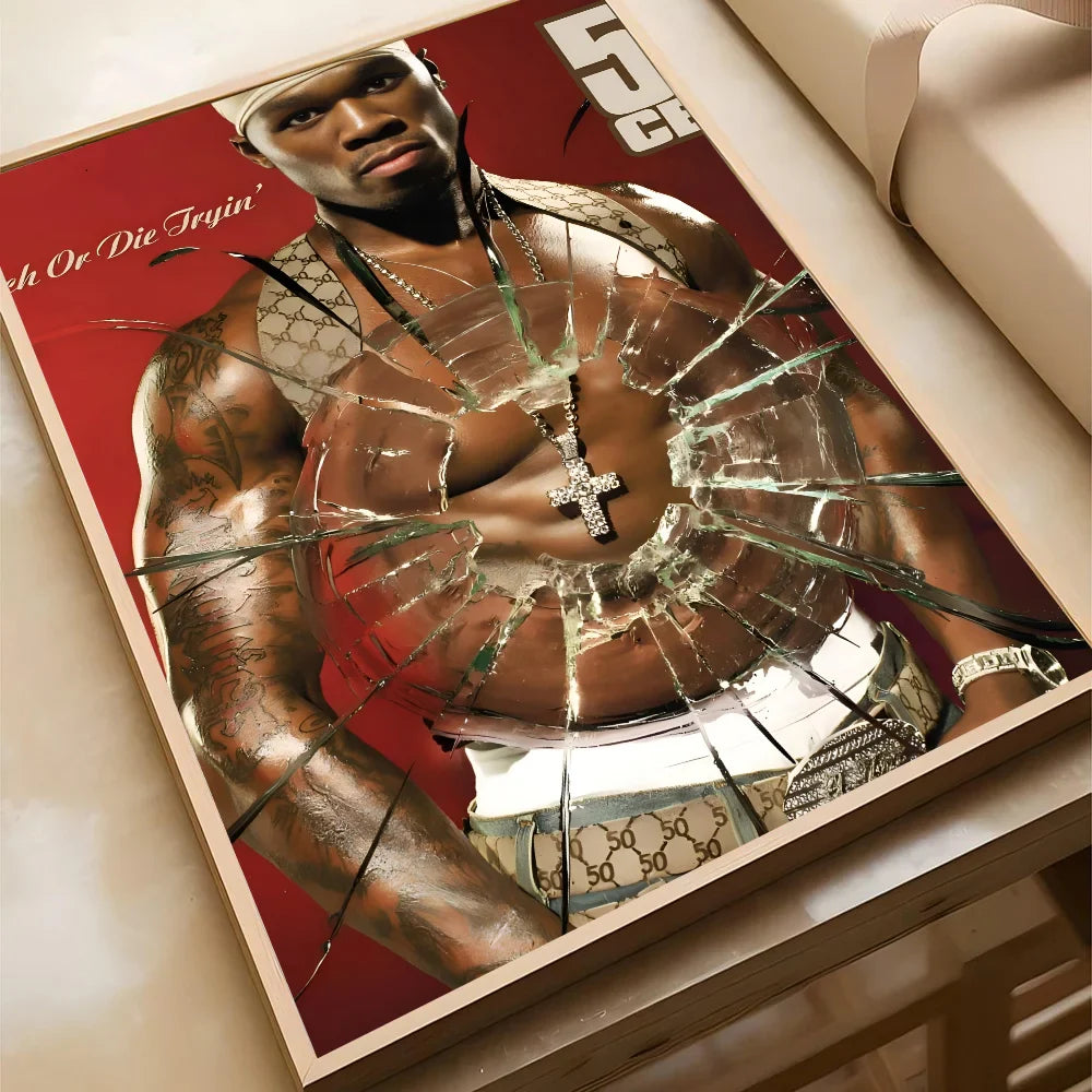 Red-framed paper print home poster of 50 cent american hit hip hop rapper music featuring gucci attire for living room