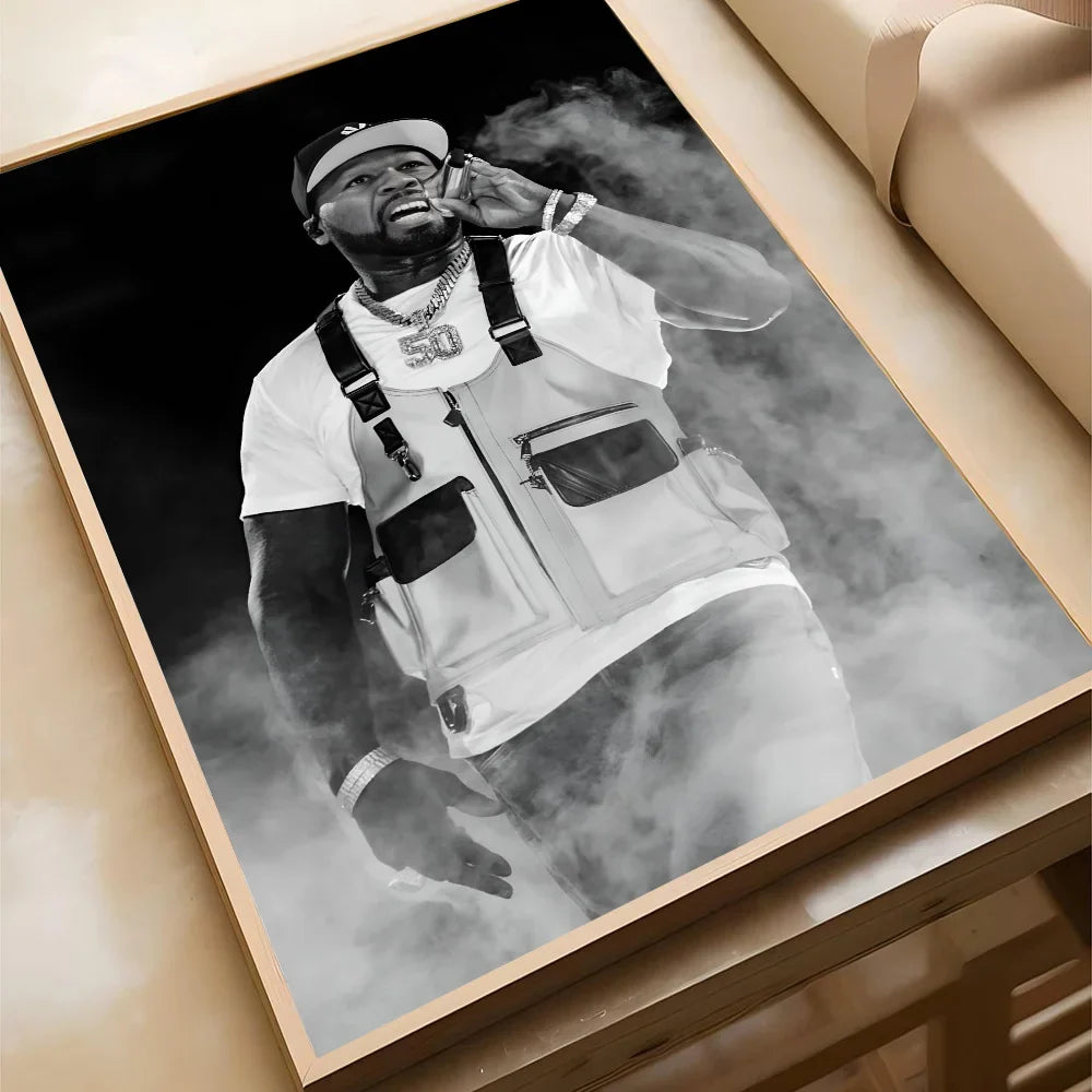 Black and white framed paper print poster of 50 cent american hit hip hop rapper music for home living room decor