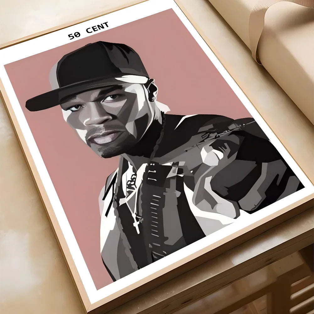 A framed paper print home featuring a black and white 50 cent american hit hip hop rapper music poster on a pink background