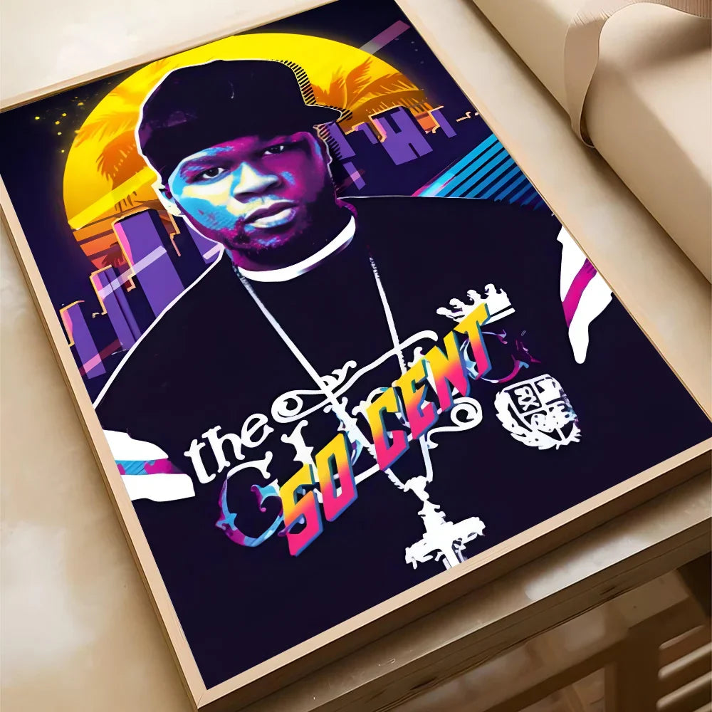 Vibrant 50 cent american hit pop hip hop rapper music paper print home poster with neon cityscape and bold text